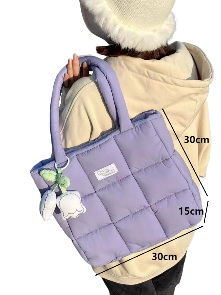 Cute Cotton-filled Shoulder Bags for Women Fashion Female Large Capacity Tote Underarm Bag Ladies Handheld Handbags Purple White