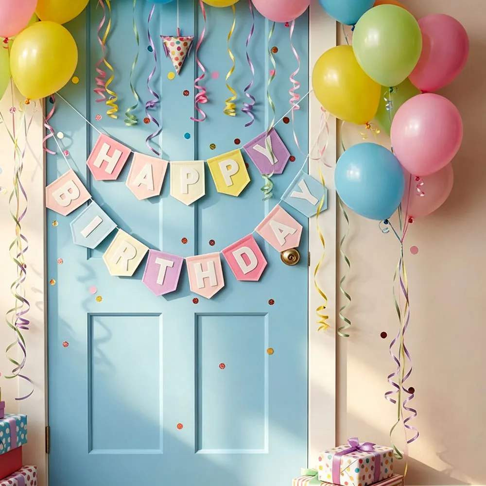 Filz-Geburtstagsgirlande, Banner, Makronen-Pastellfarben, Bunte Geburtstagsgirlande, Geburtstagsparty-Dekoration, Hintergrund – Detail 4