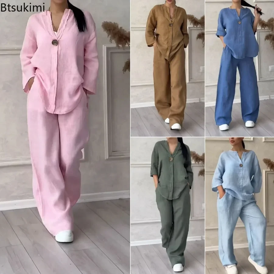 Set celana katun Linen wanita, 2 potong kemeja lengan panjang Solid + celana panjang kaki lebar dua potong kasual longgar 2025