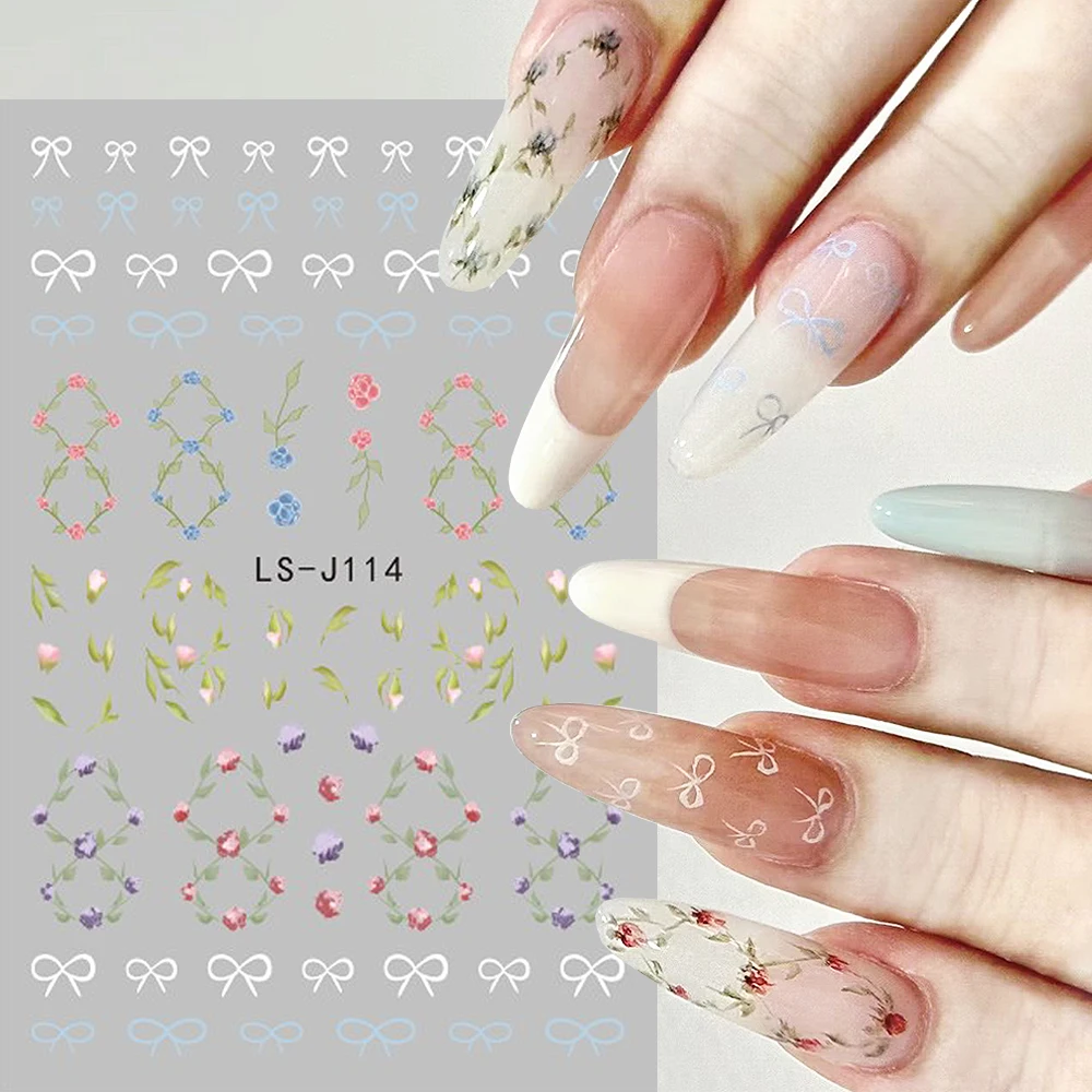 3D Colorful Flowers Nail Stickers Summer Florals Leaf Lavender Blue White Bow Sliders For Nails Petal Manicure Wraps GLLS-J114