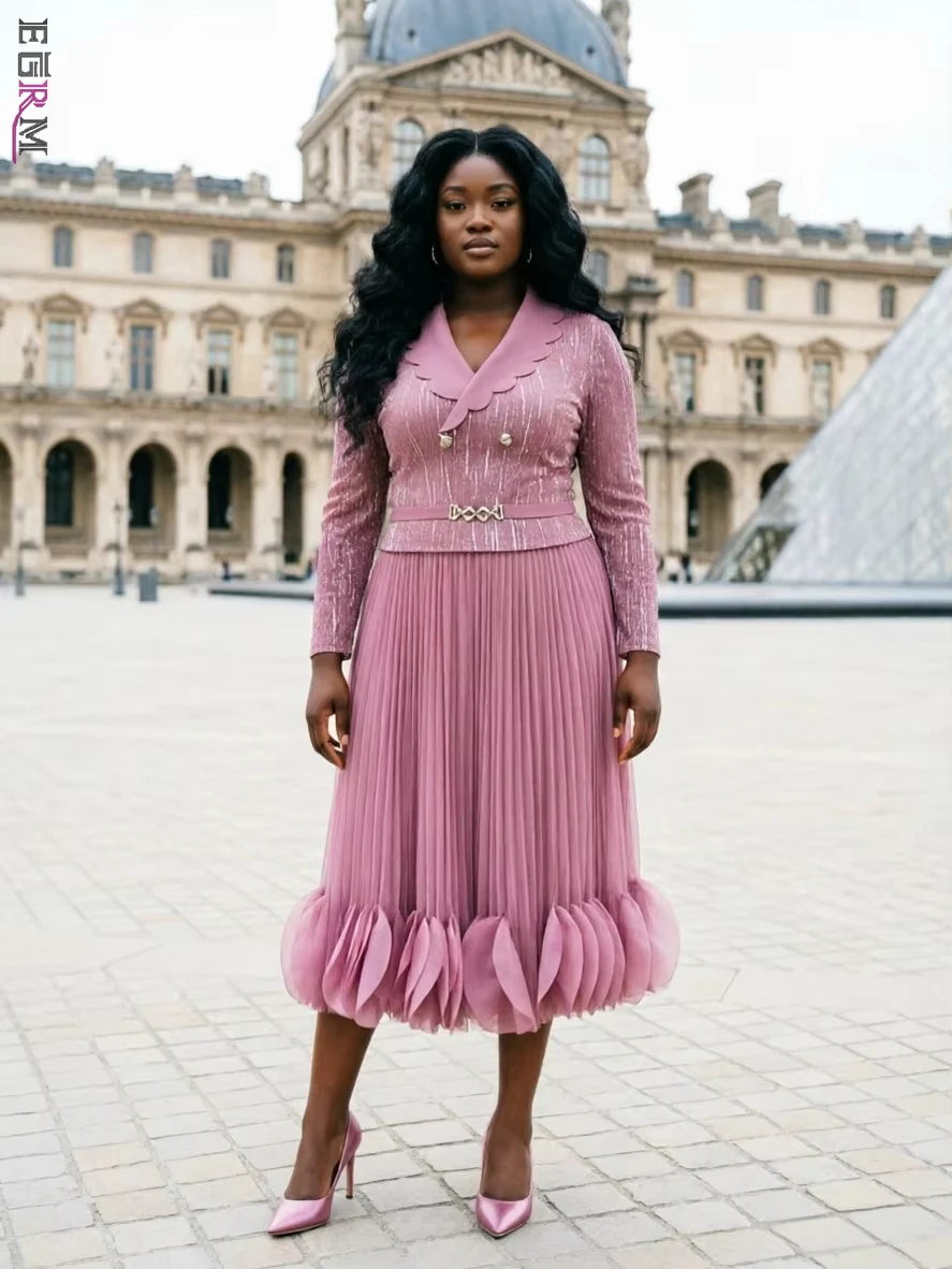 

EGRM Fashion Hot Stamping Pleated Dress Women's Turn Down Collar Long Sleeve A Line Dresses 2026 Summer New Miyaki Tide 9R2415