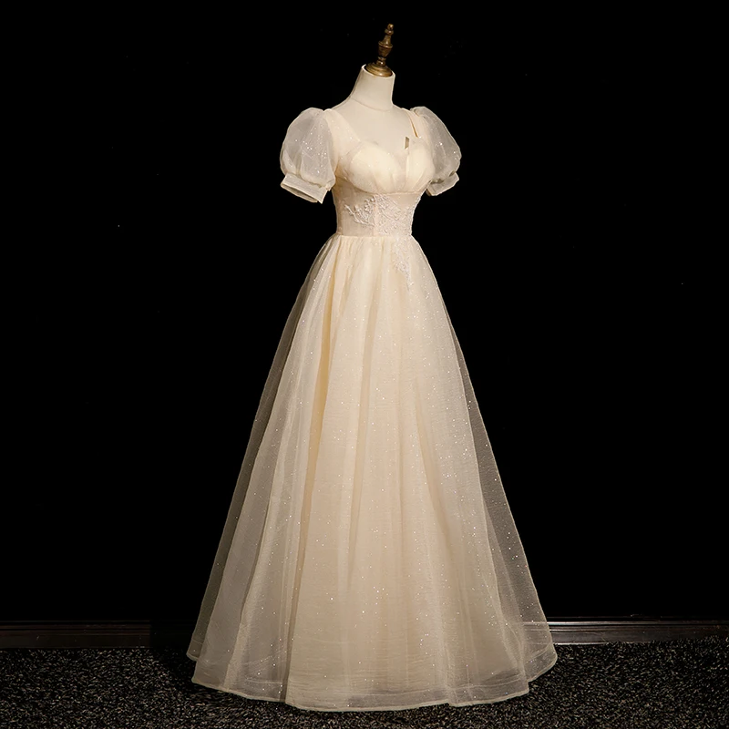 

Вечернее платье цвета шампанского Sccop с короткими рукавами, тюлевое вечернее платье на шнуровке сзади, платья для выпускного вечера