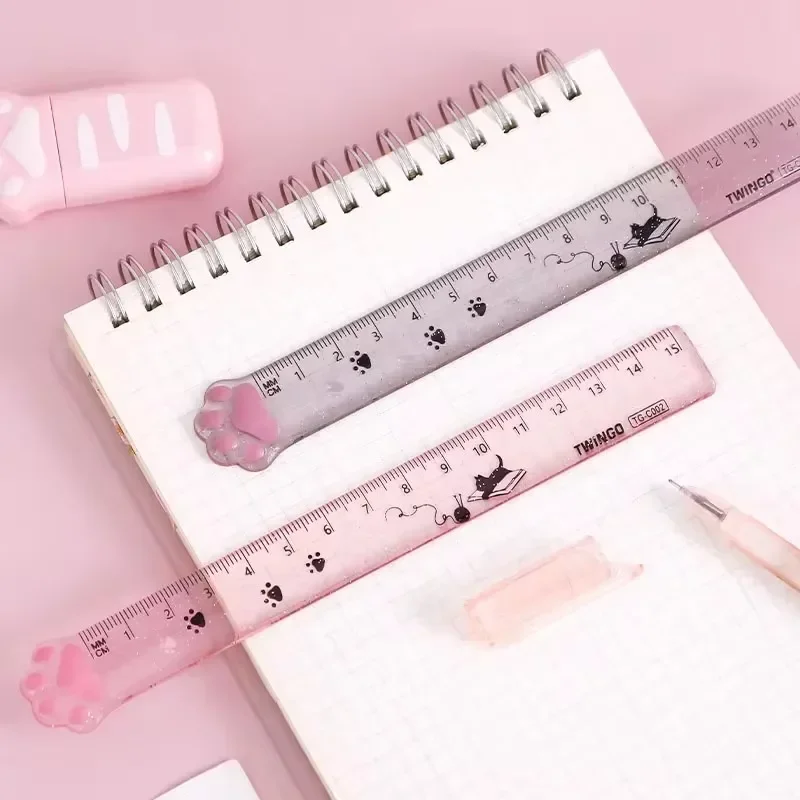 Cute Cat Paw Plastic Straight Rulers Kawaii Kitty Rulers Funny Drawing Gift Korean Office School Measuring Drawing Student Prize