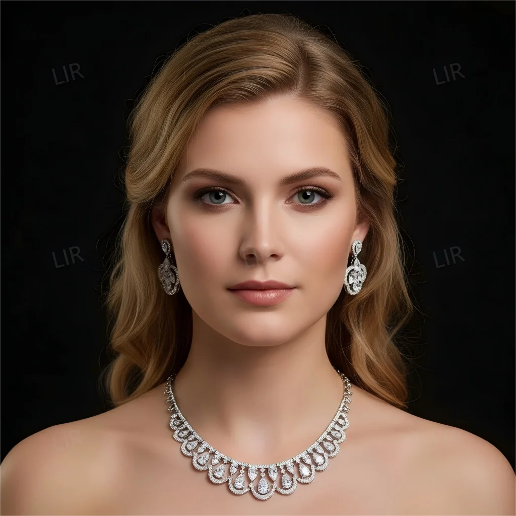 LIR Women's Custom Jewelry Set: Italian Vintage Court Petal Crown Gem Necklace, Sparkly Teardrop Wheat Zircon Earrings