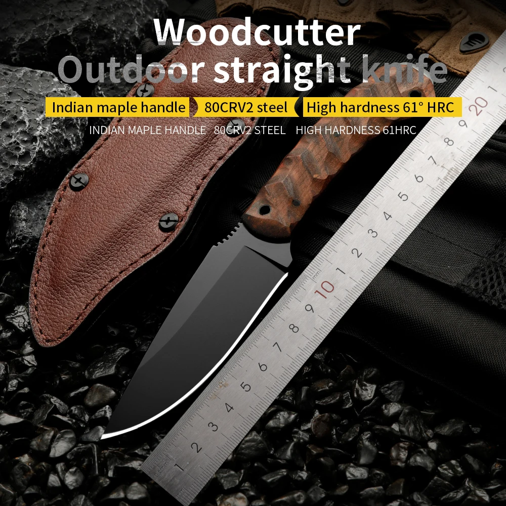 80crv2 high-quality steel linen handle outdoor integrated knife wilderness survival knife outdoor camping mountaineering high ha