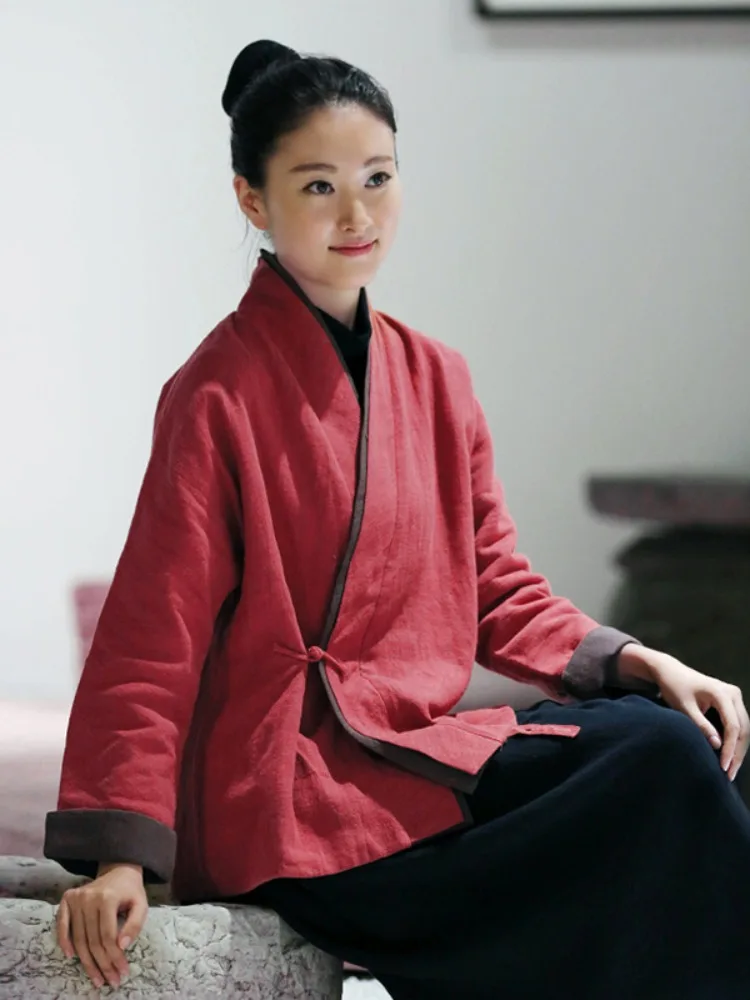 Winter Thickened Cotton Jacket Women's Short Outerwear Fur-Lined Hanfu Style Buddhist Layperson's Clothing V-Neck Long Sleeve