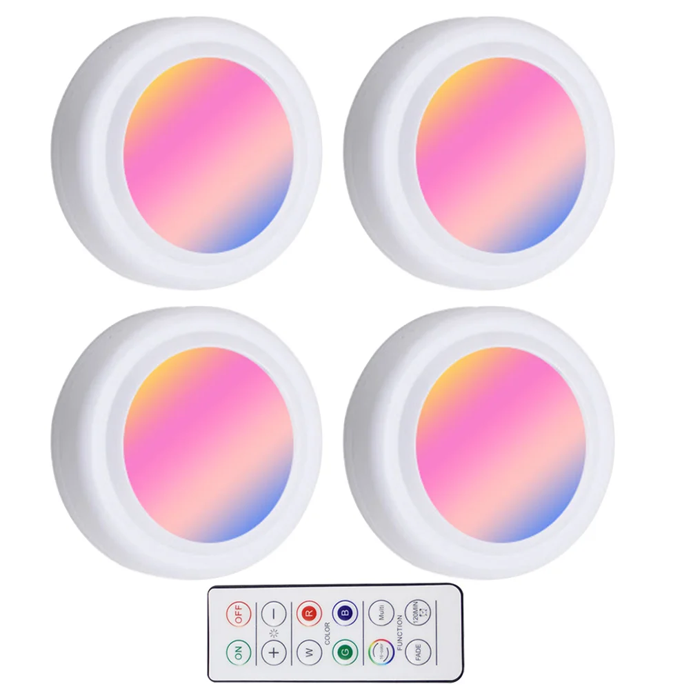 

4Pcs LED Operated Puck Lights Wireless Under Cabinet Color Changing Remote Control Small Stick on Shelf Lights