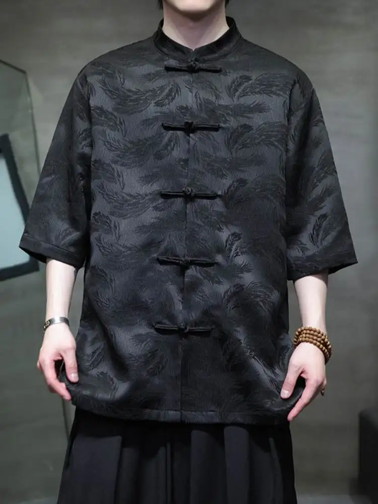 

New Chinese Sle Men's irt Tang Costume ort Sve Button up Floral Embroidery Loose Fit Summer irt Youth Faion