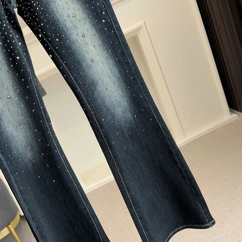 Trendy Shiny Rivet Dark Blue Jeans for Women Trendy High Waist Slim Flared Denim Pants Luxury Rhinestone Diamond Design Trousers