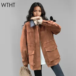 WTHT Trendy Vintage Women's Waist-slimming Suede Fabric Loose Coat 2024 Winter Turn-down Collar Long Sleeve Jacket Female 1LS609