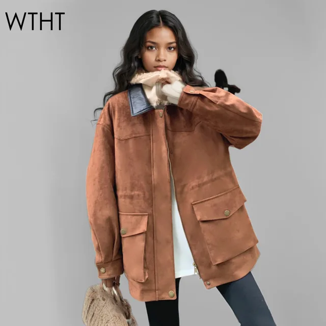 WTHT Trendy Vintage damski w talii zamszowy luźny płaszcz 2024 zimowa skręcić w dół kołnierz kurtka z długim rękawem kobieta 1LS609