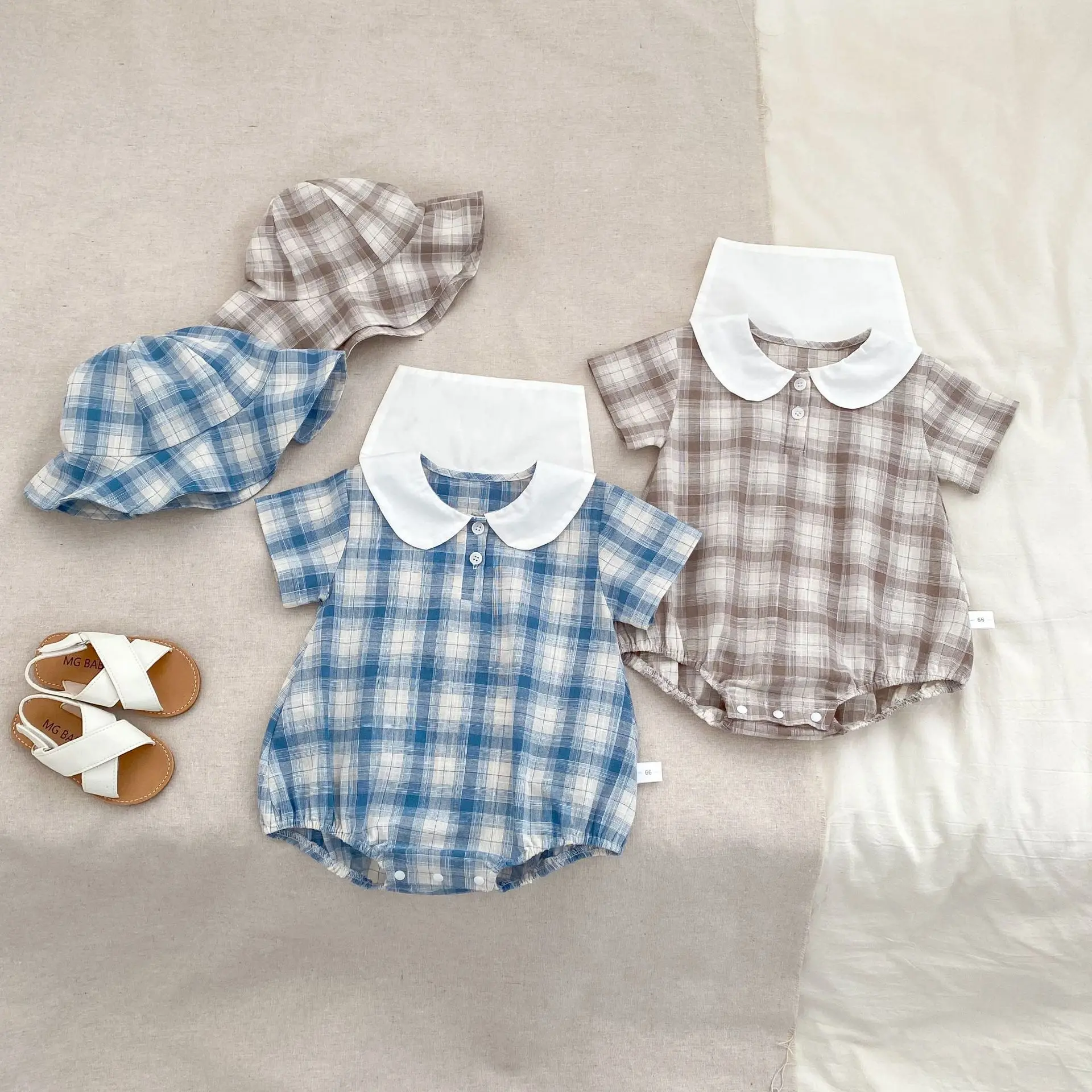 2025 Summer New Baby Girl Cotton Plaid Bodysuit + Hat 2pcs Set Newborn Toddler Short Sleeve Jumpsuit Girl Navy Collar Clothes