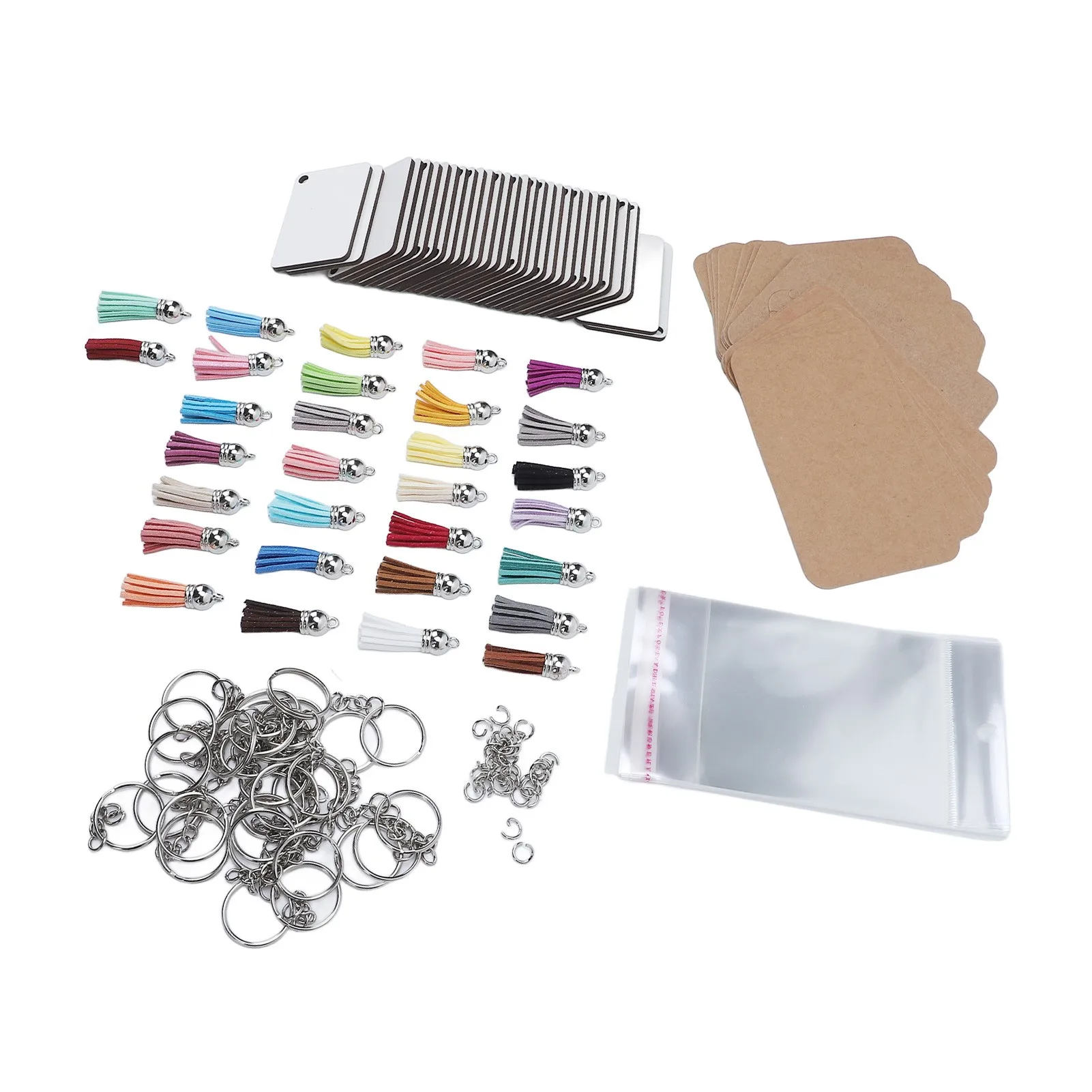 180Pcs Sublimation Keychains Kit with Double Sided MDF Blanks Rings Tassels Card Papers Bags