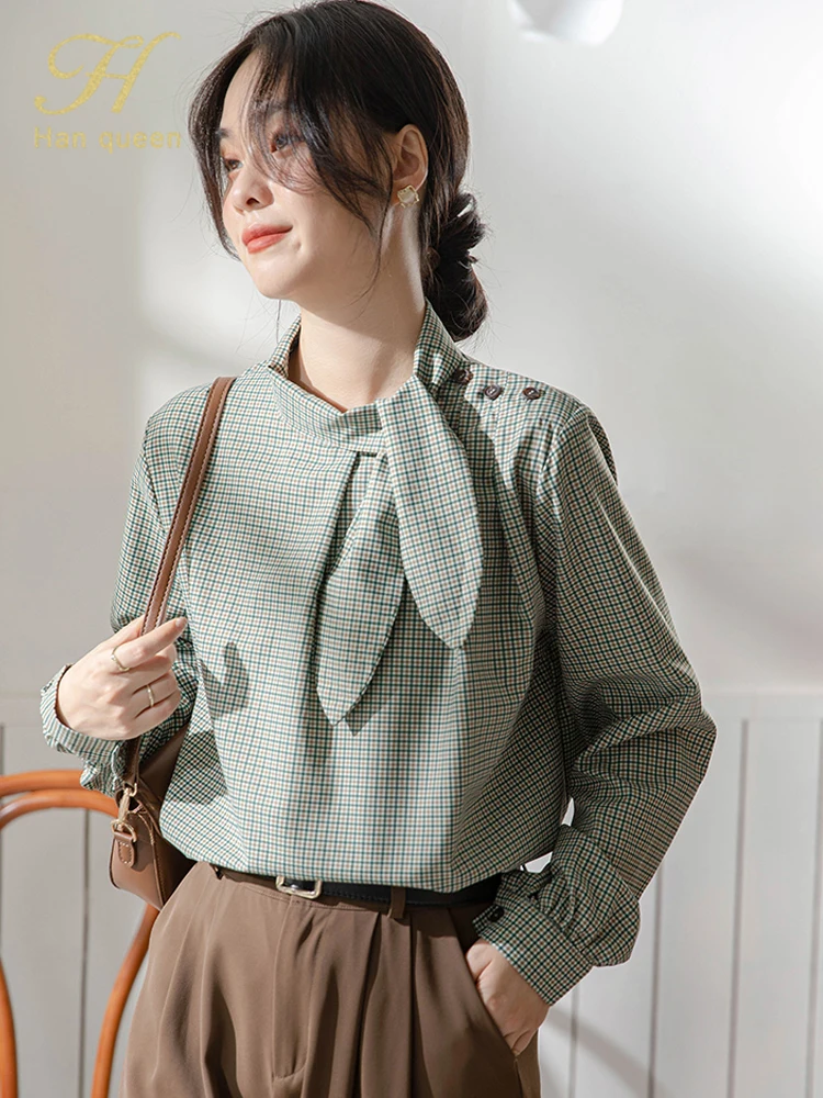 

H Han Queen Womens Korean Loose Casual Vintage Plaid Office Long Sleeve Tops Woman Clothing Spring Autumn Elegant Shirts Blouses