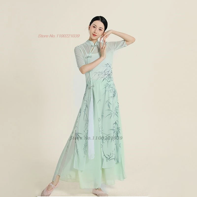 

2024 chinese vintage dance costume traditional folk dance mesh qipao dress+pants set retro stage performance dance dress qipao