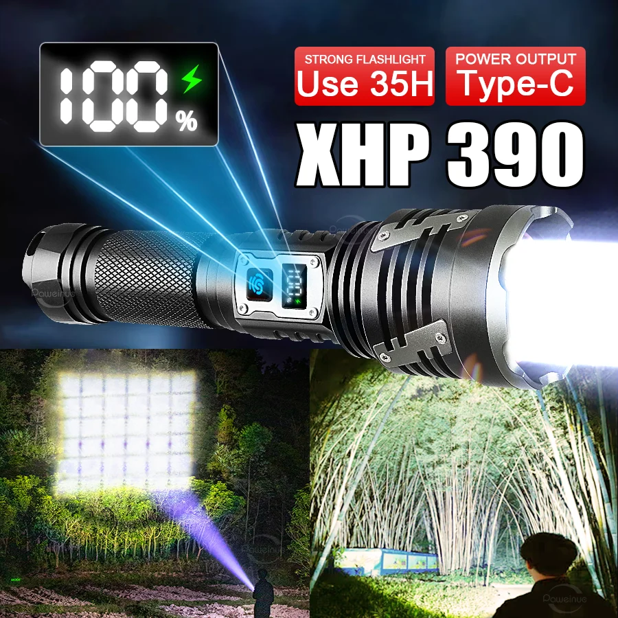 

Самый мощный фонарик XHP390, аккумулятор, дисплей, USB перезаряжаемая светодиодная лампа, телескопический зум, уличный фонарик для кемпинга, фонарик