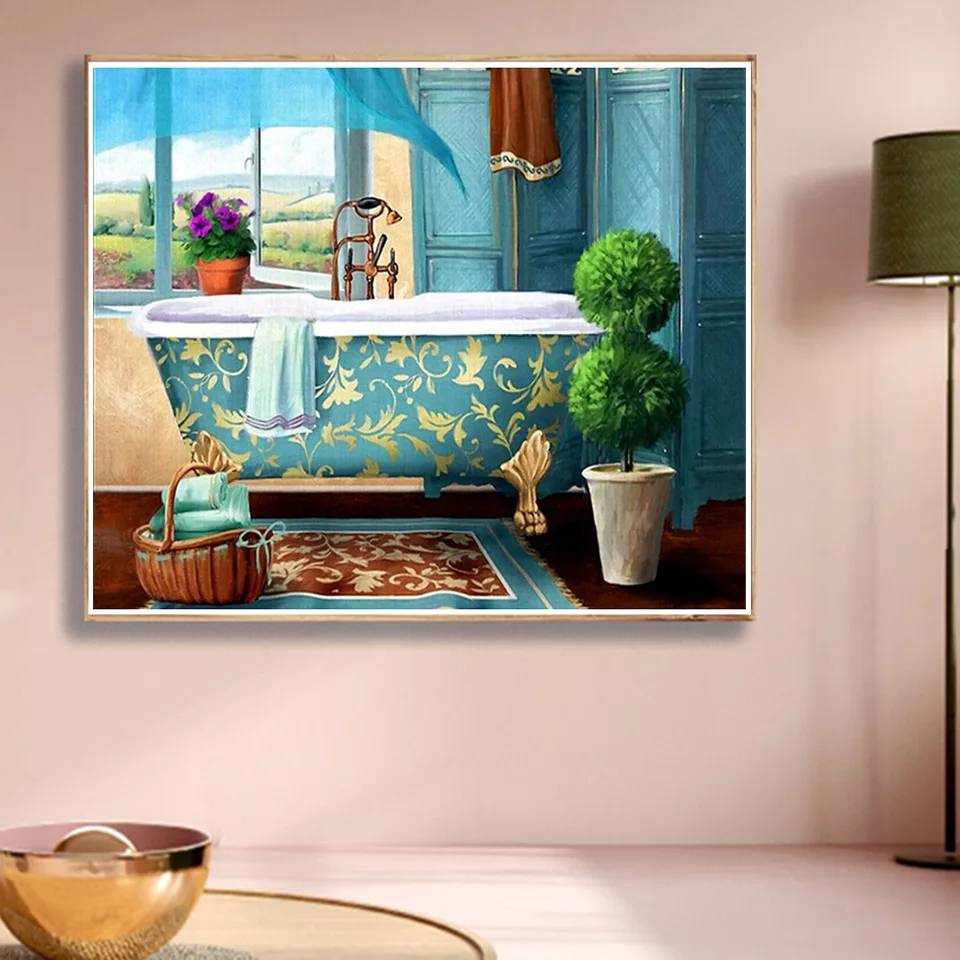 5D AB Diamond Painting Landscape Bathroom Square Diamond Embroidery Set Diamond Mosaic Art Picture Bathtub Home Decoration Gift