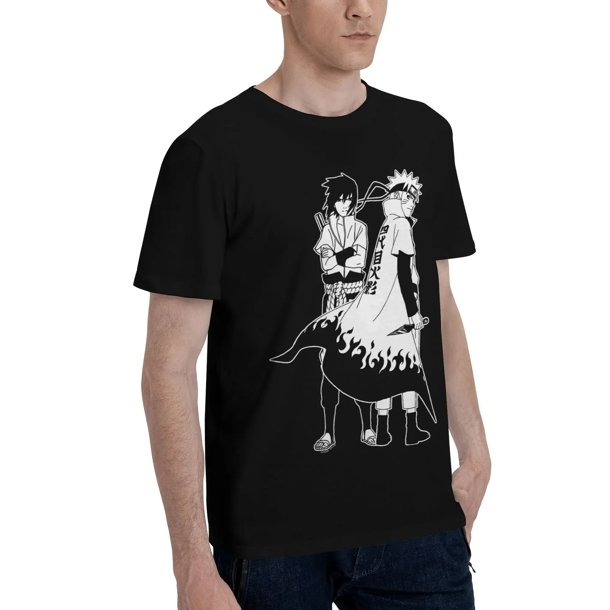 Bandai Shippuden Naruto and Sasuke Outline Anime Men's clothing T-Shirt  Vintage Tees Short Sleeve fugees Pure Cotton