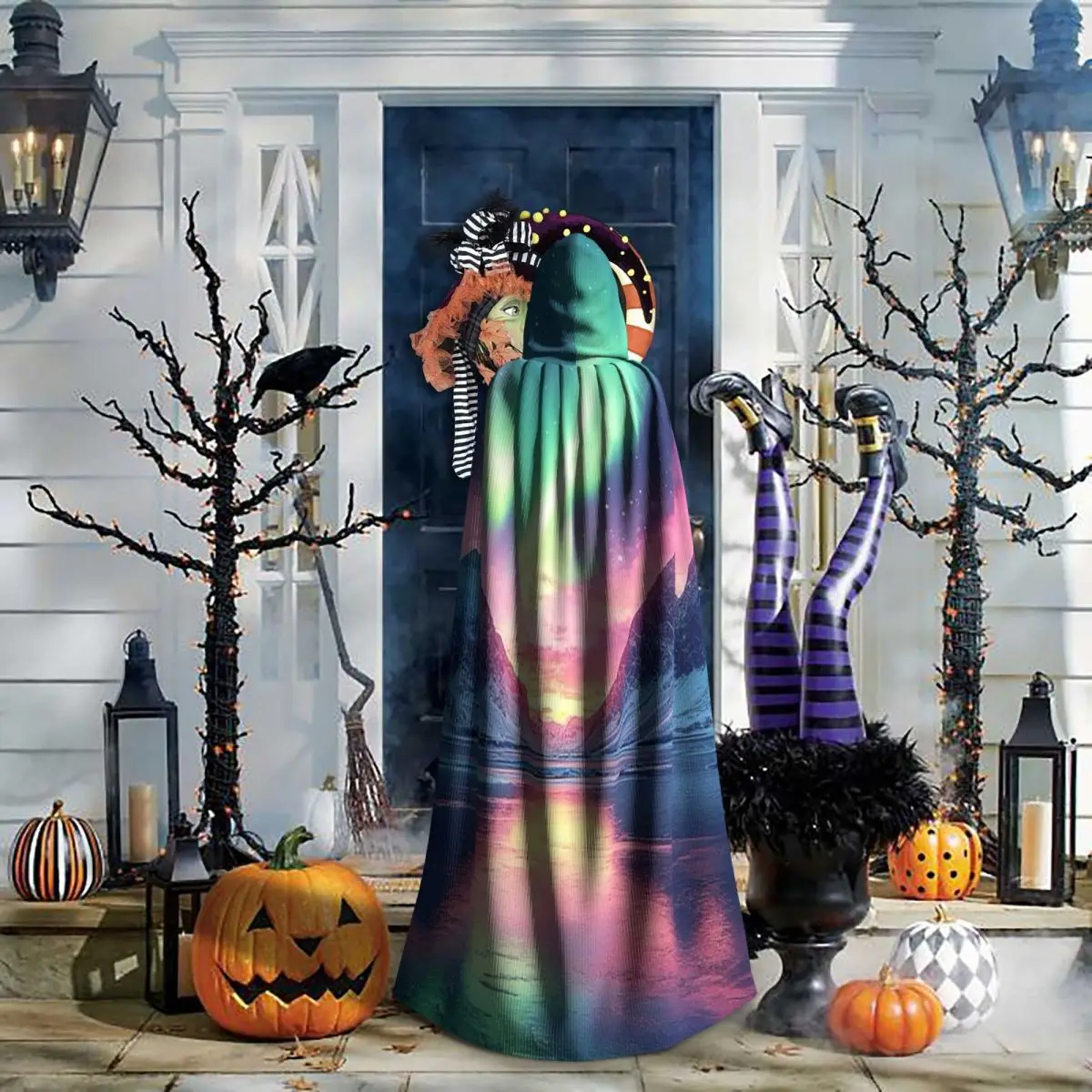 ファンタジー オーロラ ボレアリスと雪 ロングフード付きマント 魔女 中世コスチューム コスプレケープ ハロウィンヴァンパイア 大人用 ユニセックス