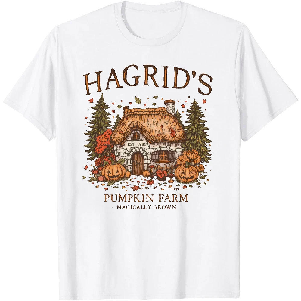 HAGRID'S PUMPKIN FARM Vintage Pumpkin Hut Illustration Mens Wizard‑inspired Cozy Seasonal Garment Graphic T Shirts Men Clothing