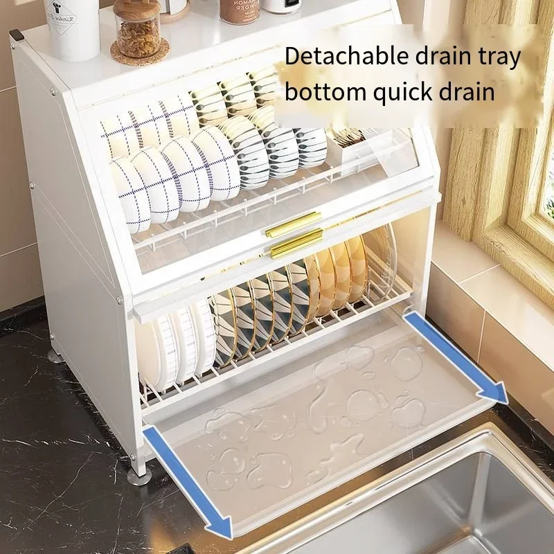 Multifunctional Kitchen Cupboard Storage Rack Bowl Rack Drain Rack Countertop Household Cover Dish Storage Box Organization