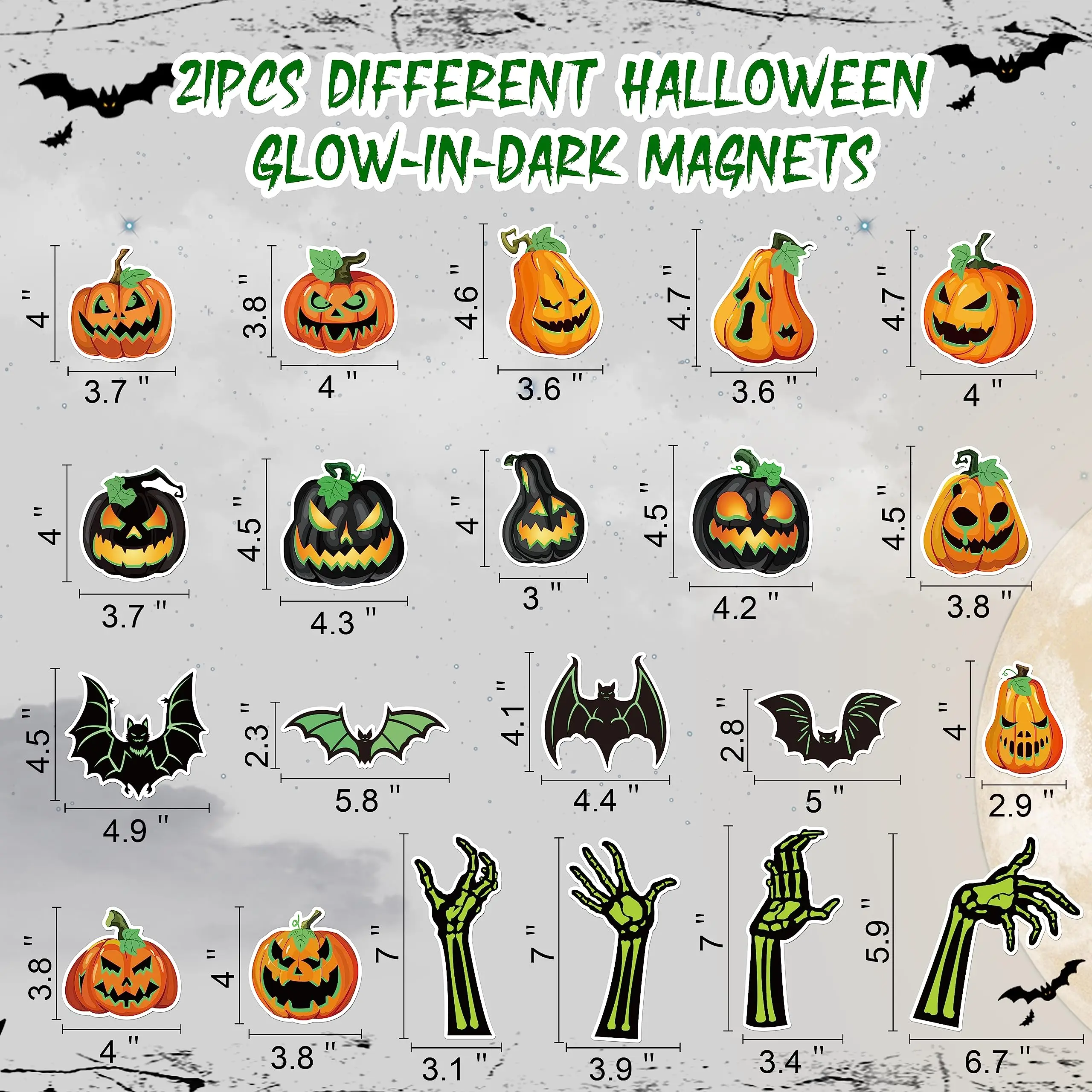 21PCS Halloween Car Magnets Decorations - Magnetic Glow-in-The-Dark Bats Pumpkin Skeleton Hands, Garage Door Refrigerator Trunk or Treat Cruise Decor
