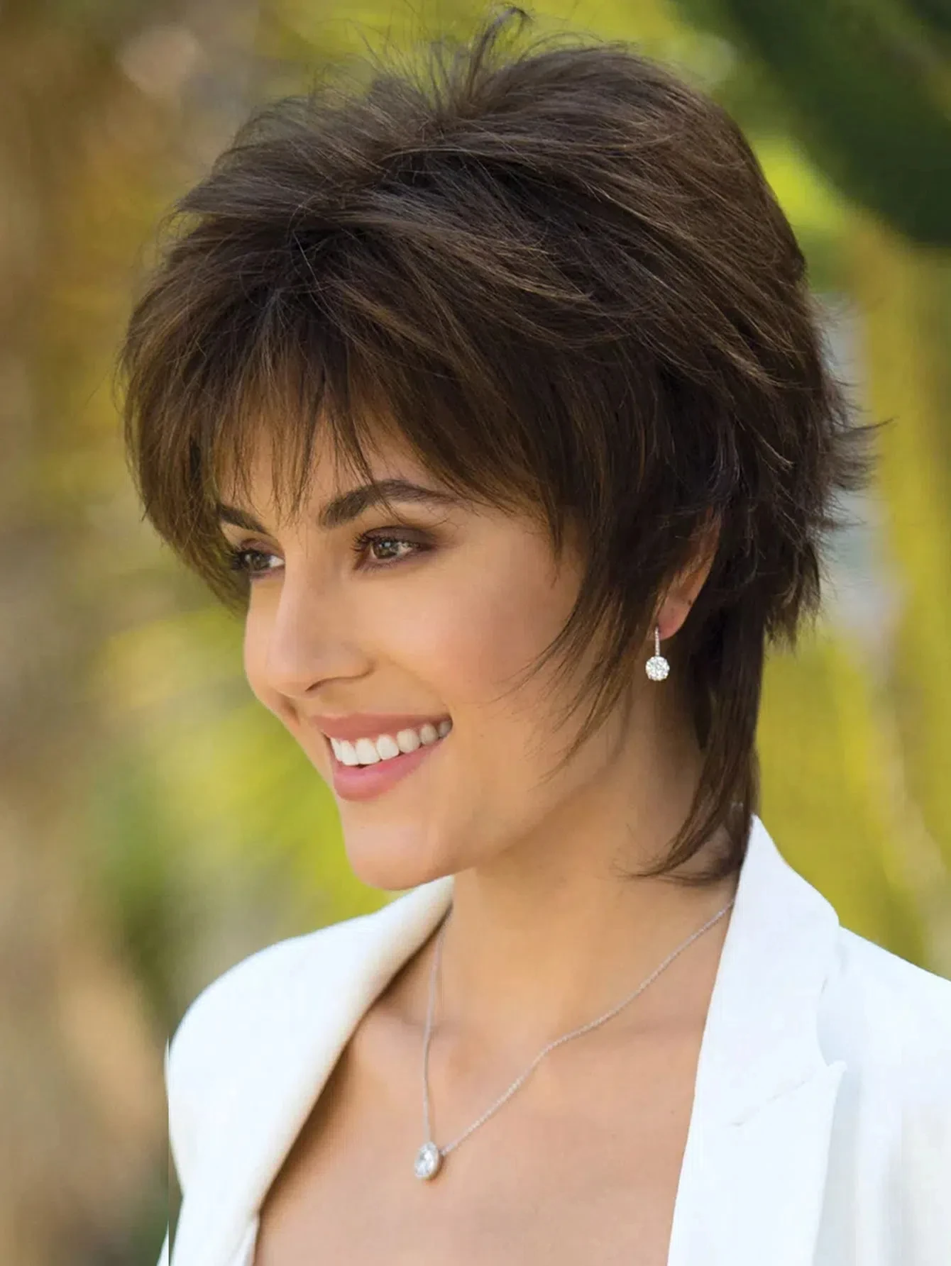 

Short Pixie Cut Dark Brown Synthetic Wigs Natural Straight Layered Wig with Fluffy Bangs for Women Daily Heat Resistant Hair