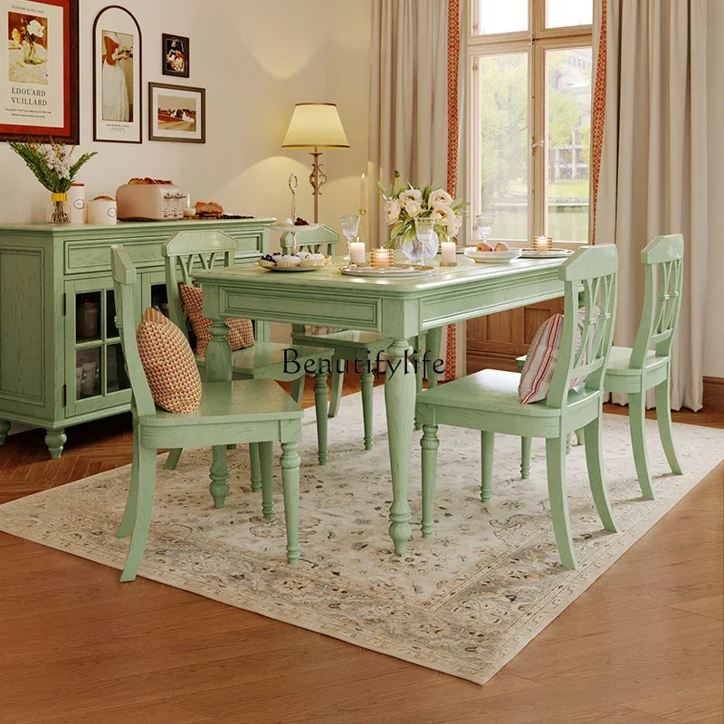American-Style Solid Wood Retro Green Dining Table and Chair Rectangular French Retro Ash Dining Table