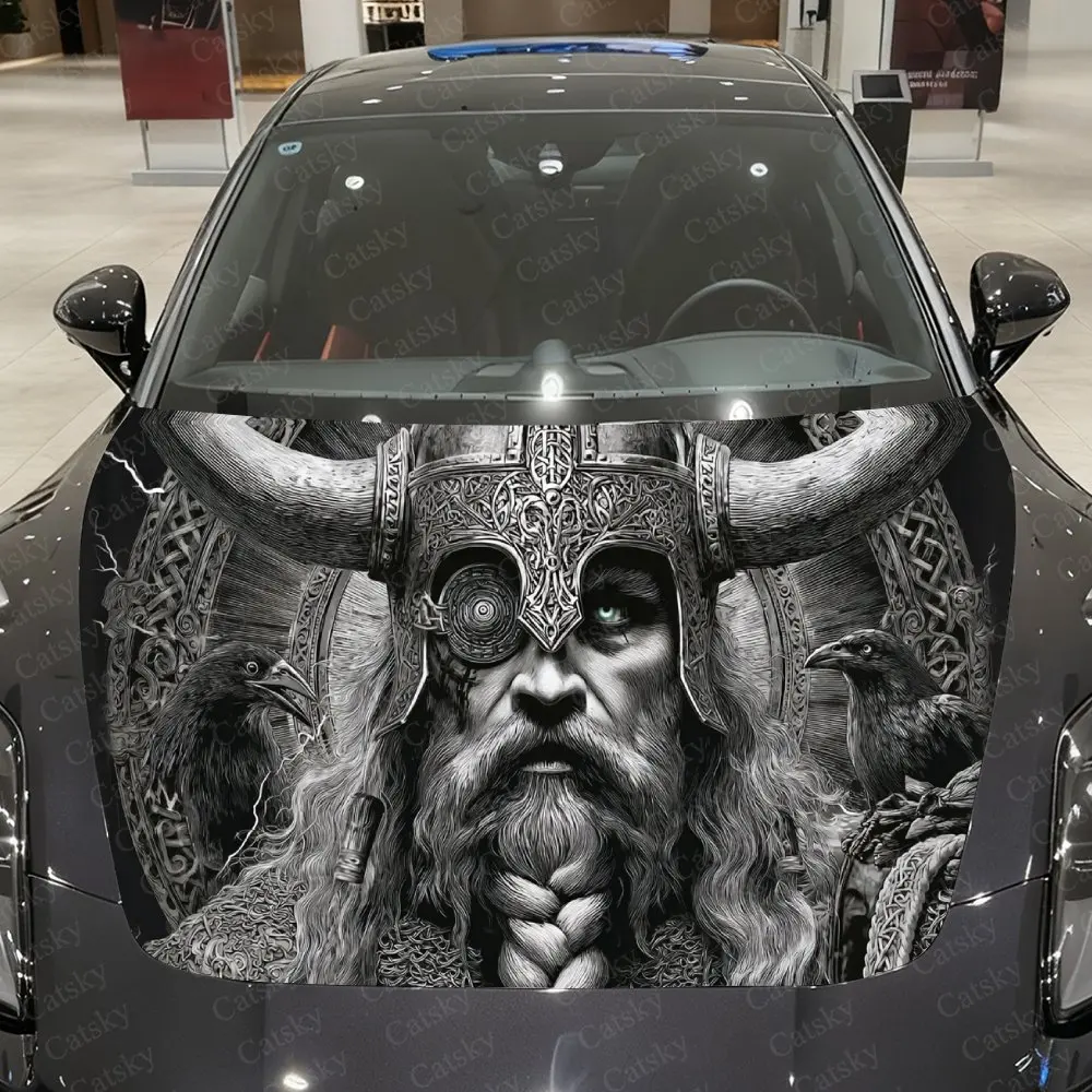 Horned Helmet Figure with Ravens Car Vinyl Wrap, PVC Waterproof Car Hood Sticker, Self-Adhesive Scratch-Resistant Stickers