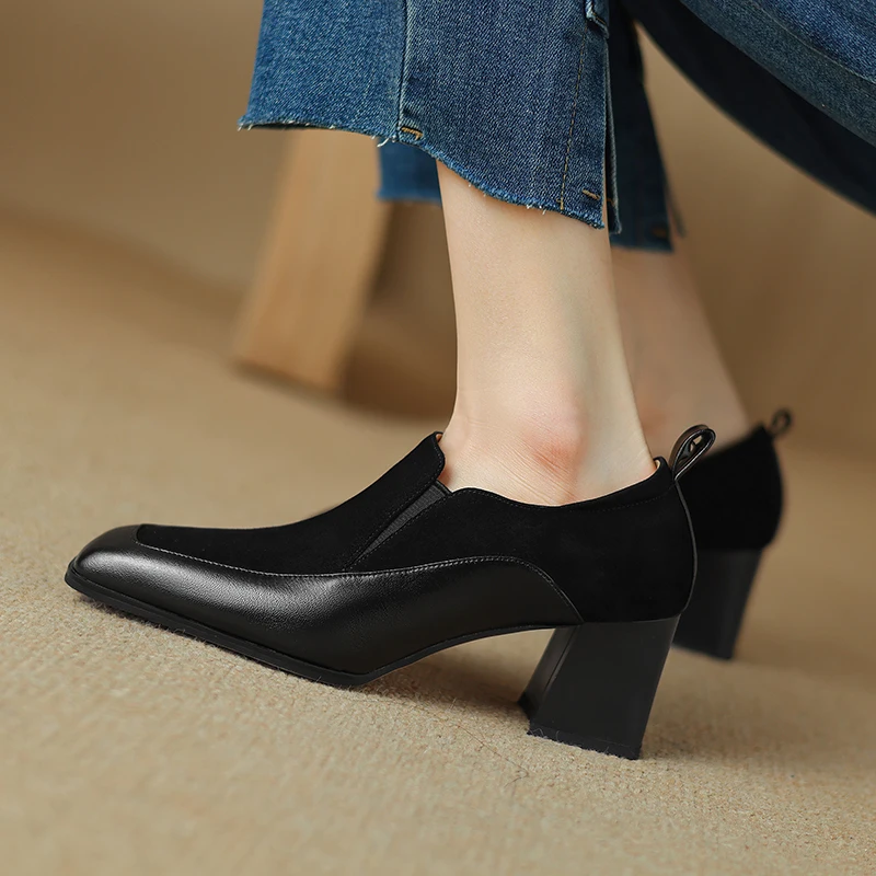2026 new spring autumn women pumps natural leather 22-26cm kid suede+cowhide+pigskin square toe high heel women shoes fashion