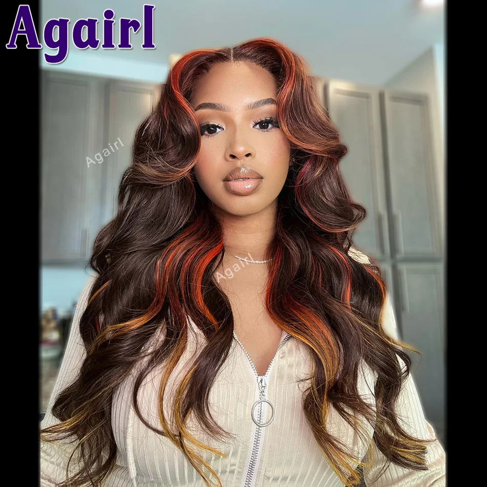 32Inch Red Orange Highlights Body Wave Human Hair Wigs 13x6 Transpaprent Lace Frontal Wig Pre Plucked 6X4 Closure Wigs For Women