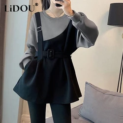 2023 Spring Autumn New Round Neck Long Sleeve Contrast Color Patchwork Fashion Sweater Women Cotton Fake Two Pieces Casual Tops