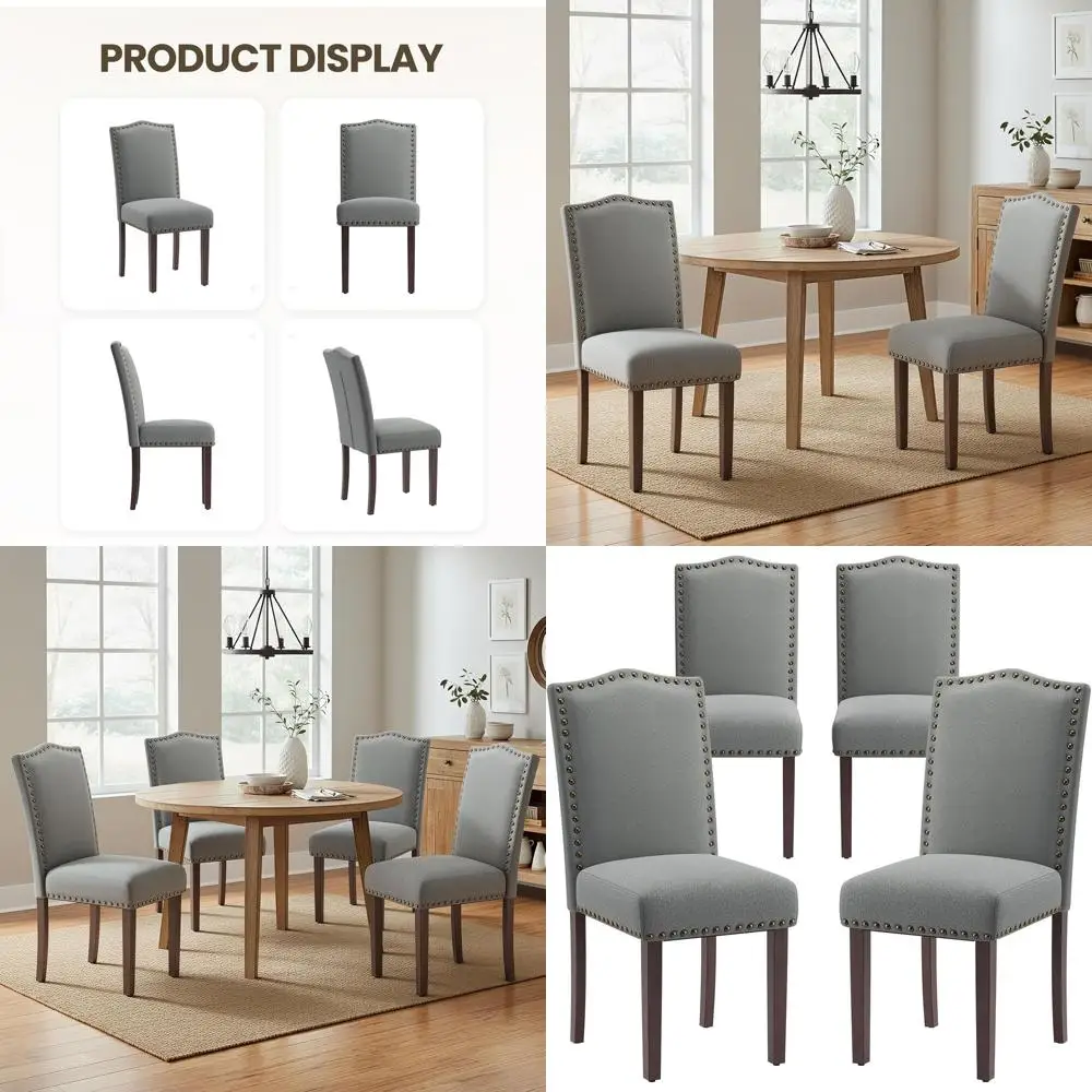 

Набор из 4 серых обеденных стульев Parsons с мягкой обивкой, удобным сиденьем, классической отделкой гвоздями, ножками из массива дерева, устойчивые и простые в сборке.