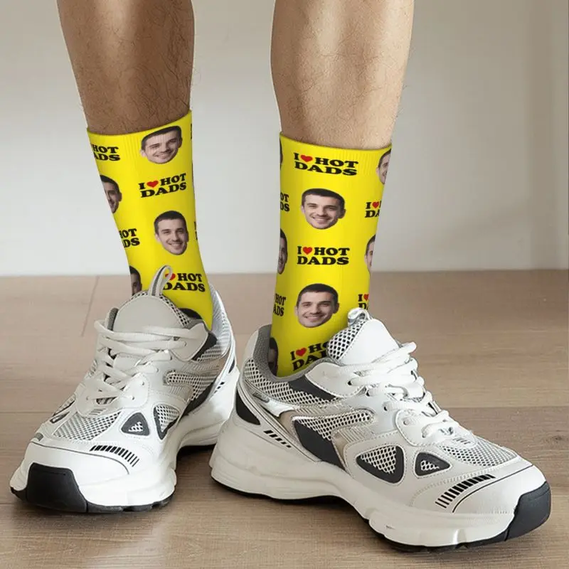 I Love Hot Dads Custom Dress Socks Men's Women's Warm Fashion Novelty Personalized Face Photo Design Crew Socks