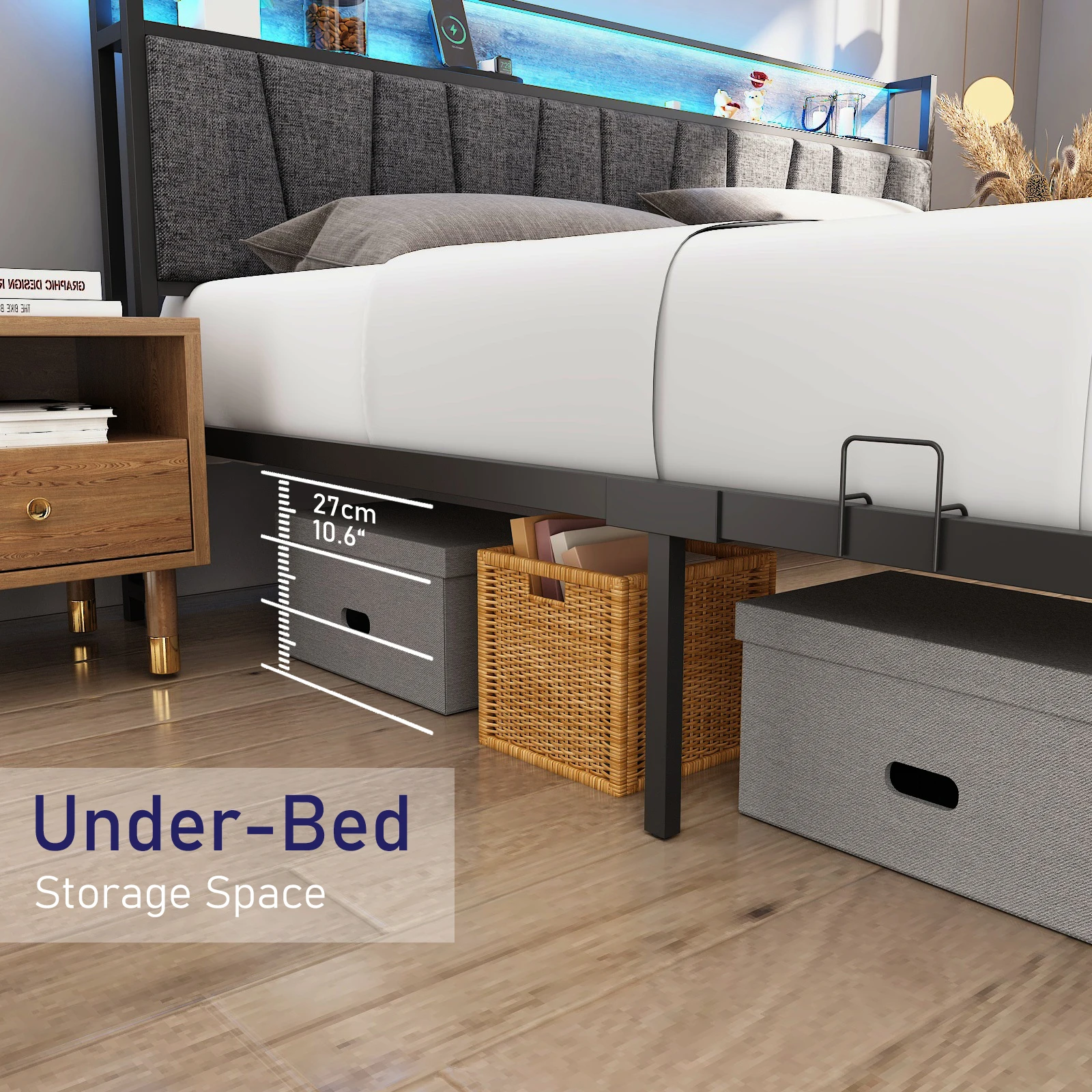 LED Queen Size Bed Frame w/Storage Headboard for Bedroom, Metal Platform Bed w/Outlets & USB/Type-C Port, No Box Spring Needed image 3