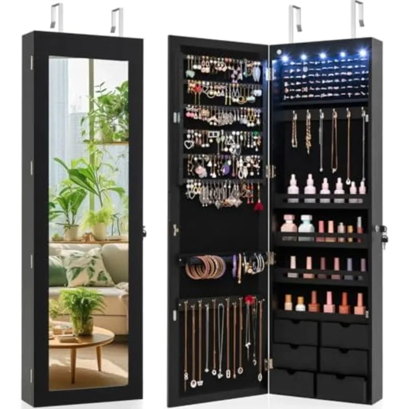 Wall Door Mounted Jewelry Cabinet with Full Length Mirror, Lockable Over Door Jewelry Armoire with LED Lights, 47.5