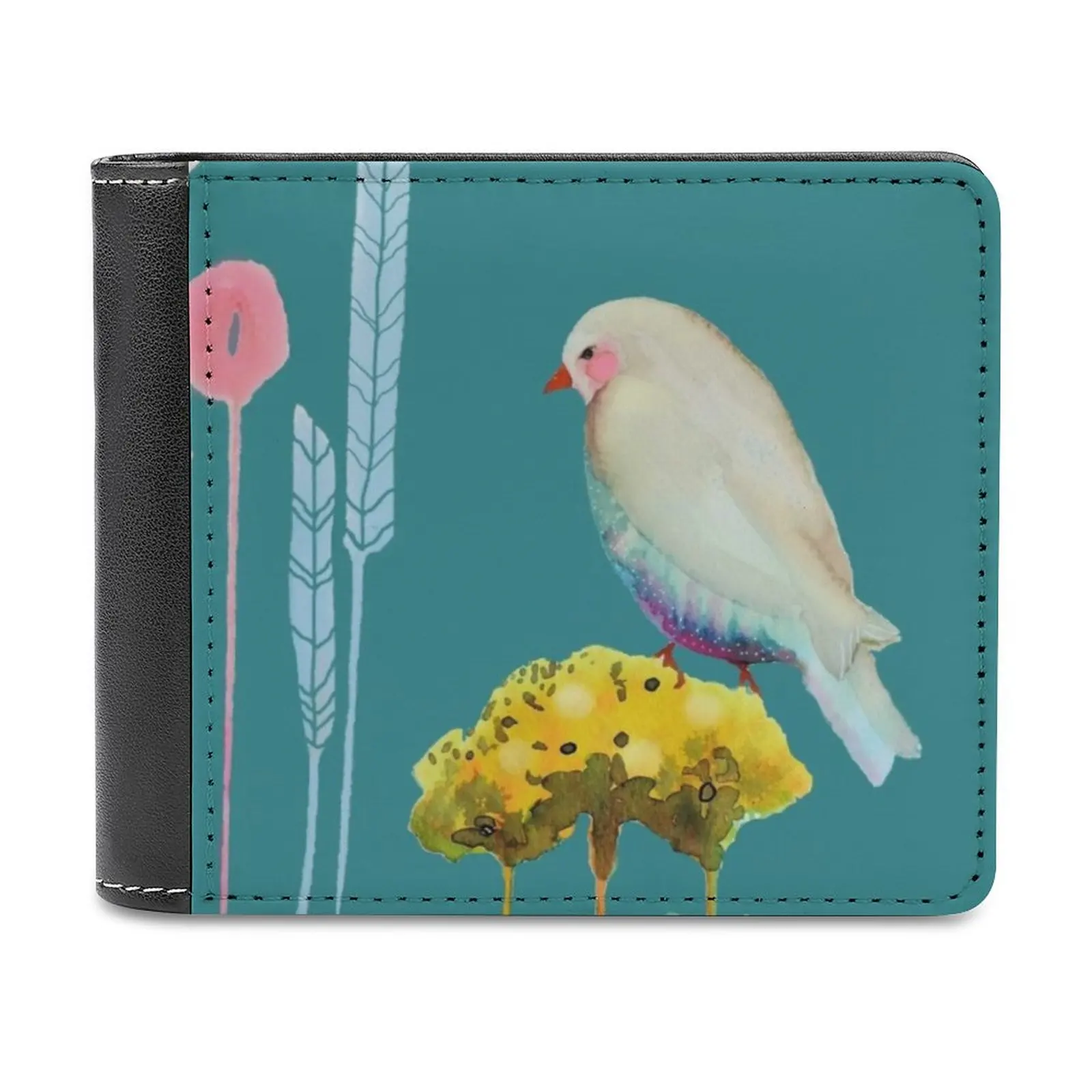 

En Chemin Leather Wallet Men's Wallet Diy Personalized Purse Father'S Day Gift Bird Flower Zen Modern Colorful Turquoise Yellow