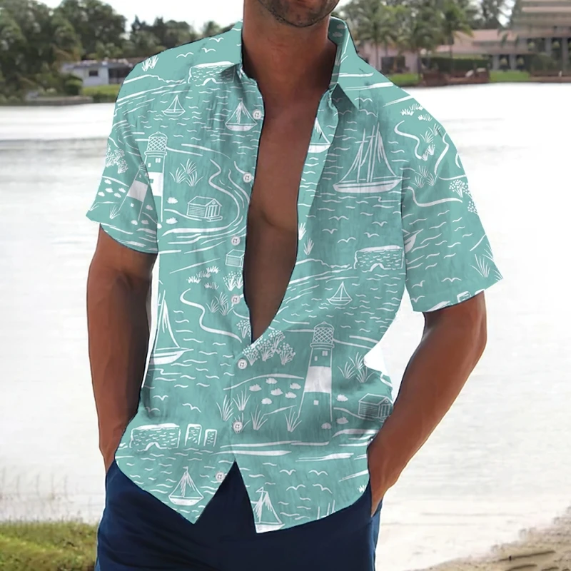 Camisa Retro de manga corta con estampado de árbol de Coco para hombre, ropa informal de playa, suelta, de gran tamaño, hawaiana, 2024