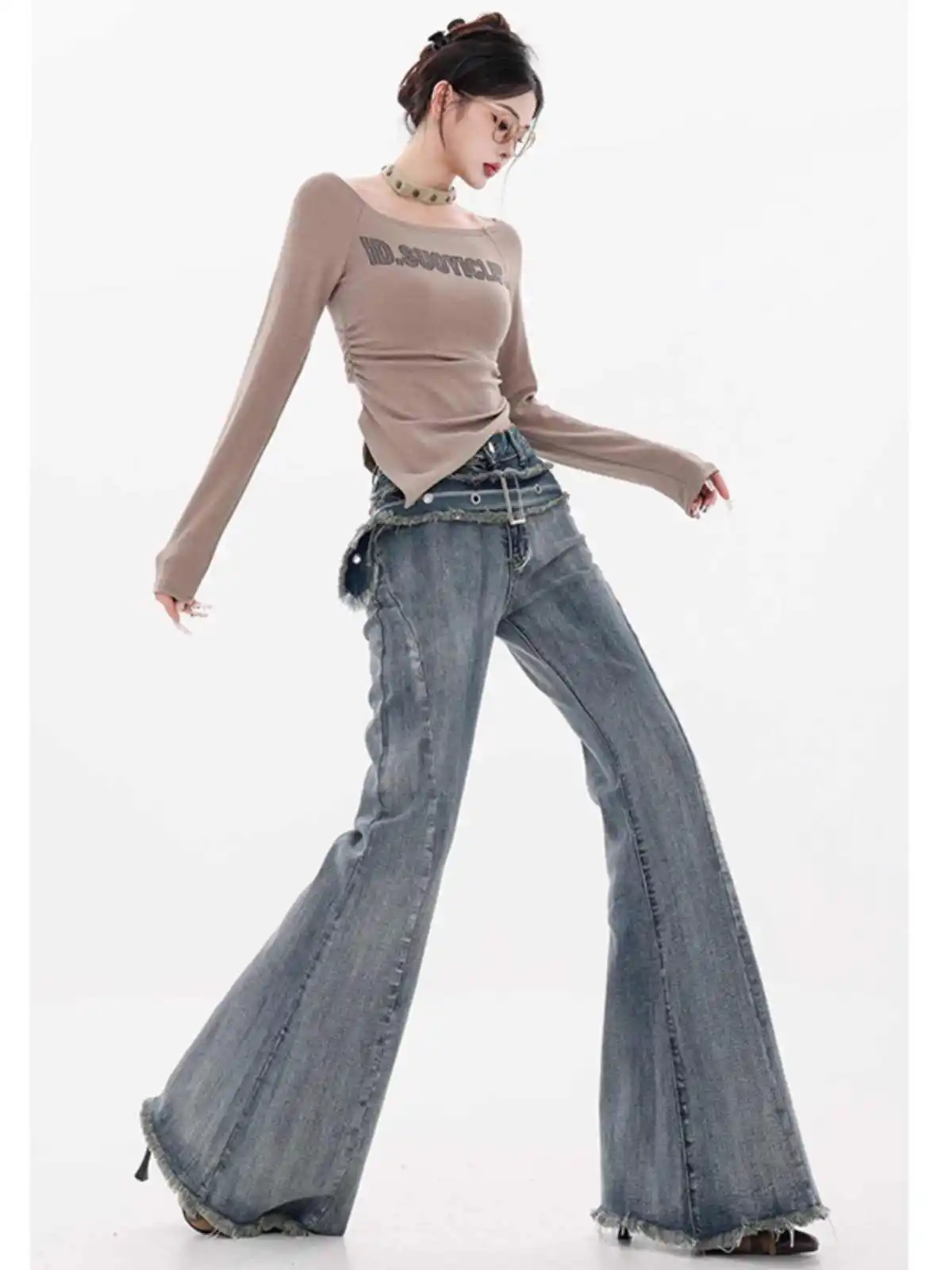 Celana Bell Bottoms Denim gaya Jepang untuk wanita Y2k Streetwear 2000s Flare Jean Grunge Punk Grunge inti Goblin