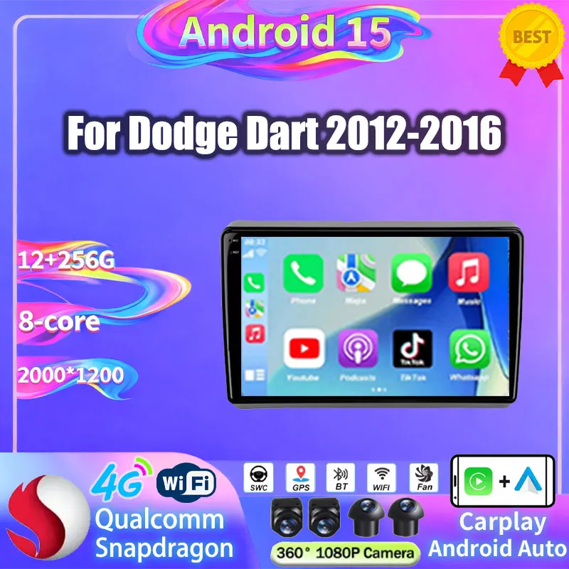 Para Dodge Dart 2012 2013 2014- 2016 Android 15 Radio de coche reproductor de sistema Multimedia estéreo Auto Bluetooth CarPlay pantalla 5G WIFI