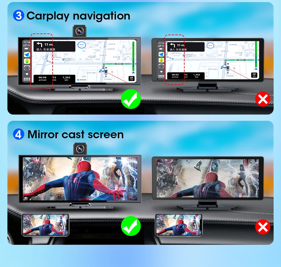 11,26 Zoll Dash Cam Auto DVR 4K Kamera Wireless Carplay Android Auto Touchscreen Dual Len Video Recorder Dashboard BT FM AUX GPS – Detail 3