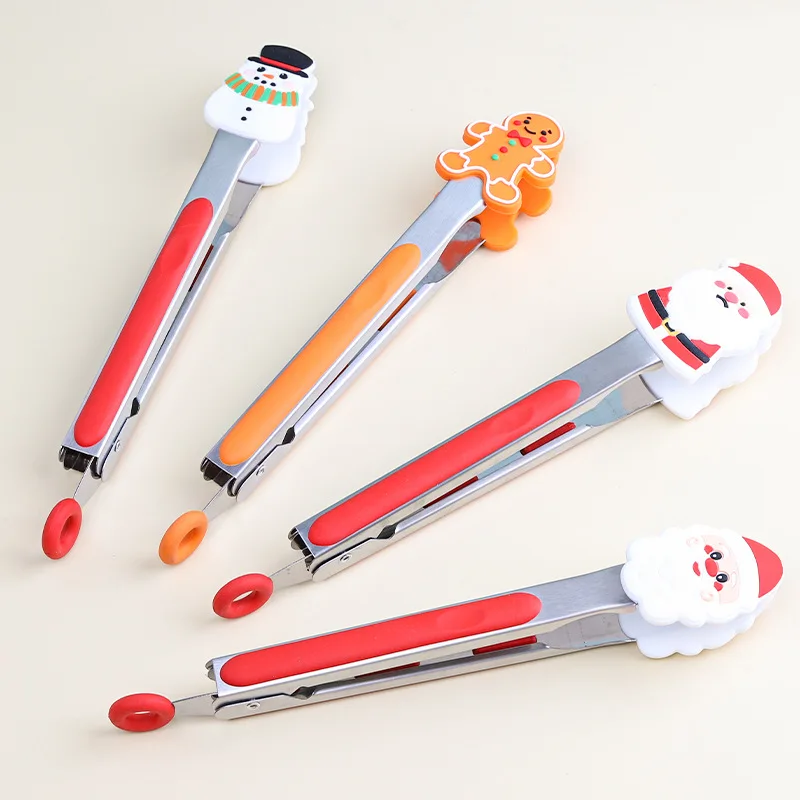 

IK Kitchen Tongs 4PCS Stainless Steel Clip Heat Resistant Silicone Cooking Tong Christmas Theme Food Clamp for BBQ Grilling