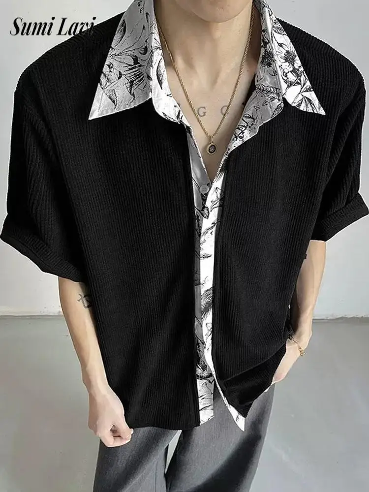 

Outdoor Casual Mens Slim Textured Shirts Summer Vintage Button Lapel Short Sleeve Shirt Men Stylish Floral Print Patchwork Shirt