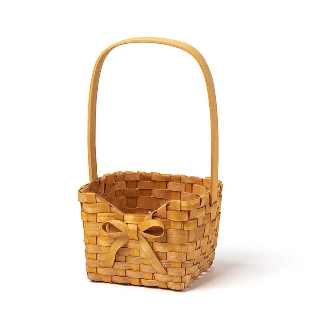 Willow Rattan Bride Flower Basket Picnic Container Hand-Woven Flower Arrangement Basket with Handle Bowknot Flower Basket view 3