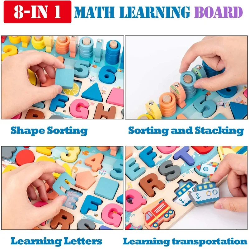 몬테소리 교육용 나무 수학 장난감 어린이 활동판 숫자 모양 색상 맞추기 낚시 퍼즐 학습 장난감 선물