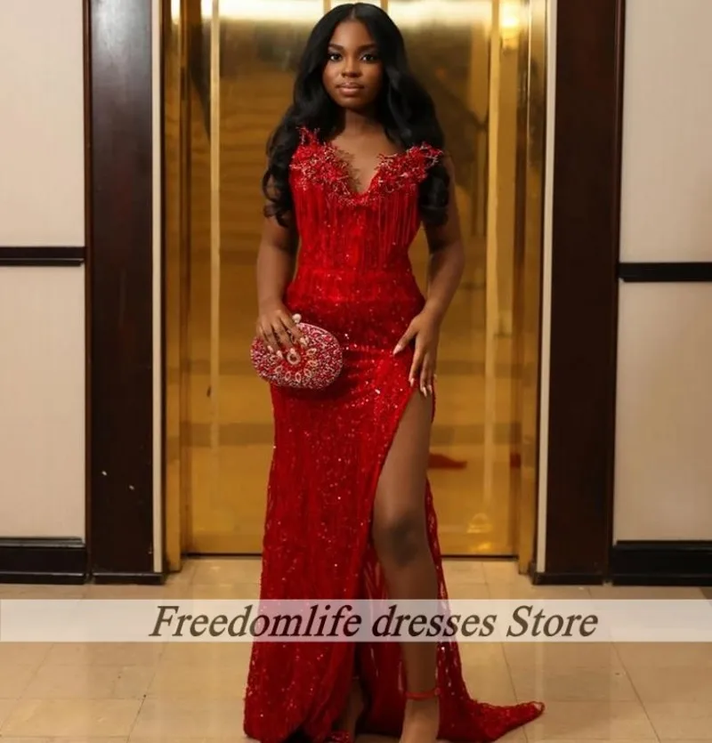 مثير الأحمر سبليت فساتين السهرة الحبيب الترتر شرابة حورية البحر حزب اللباس للفتيات السود مطرز فساتين السهرة حسب الطلب