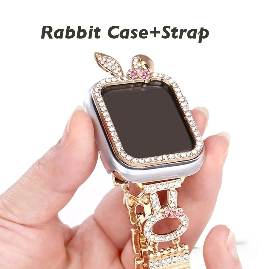 1PCS Cute Rabbit Bracelets For Apple Watch Band 45mm 44mm 42mm 41mm Bling Rhinestone Strap For Iwatch Ultra Series 9 8 SE 7 6 5