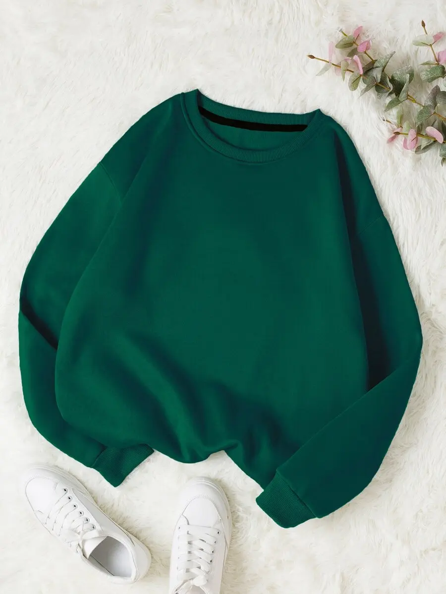 

Green Solid Color Casual Pullover Sweatshirt for Women, Fall Season, Loose Fit, Everyday Wear