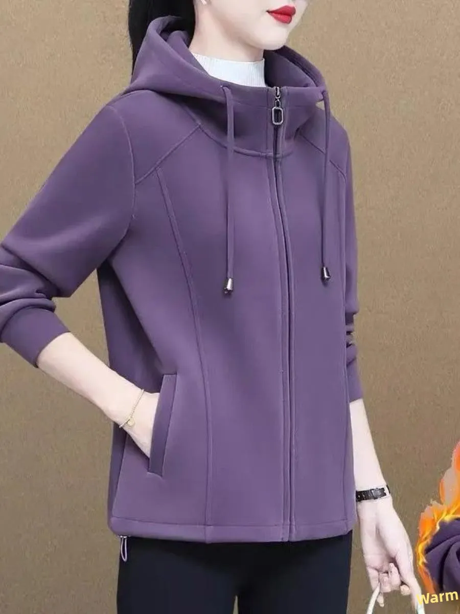 Thiened Fce Donna Autunno Inverno Jaet ort Sli Abbigliamento da esterno Cardigan aperto con cappuccio Felpa allentata Nuovo caldo