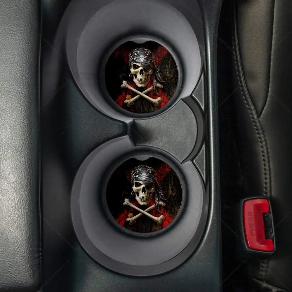 Pirate Skull Car Coasters for Drinks Set of 2 Car Accessories with Absorbent Coasters. Car Coaster Measures 2.56 Inches